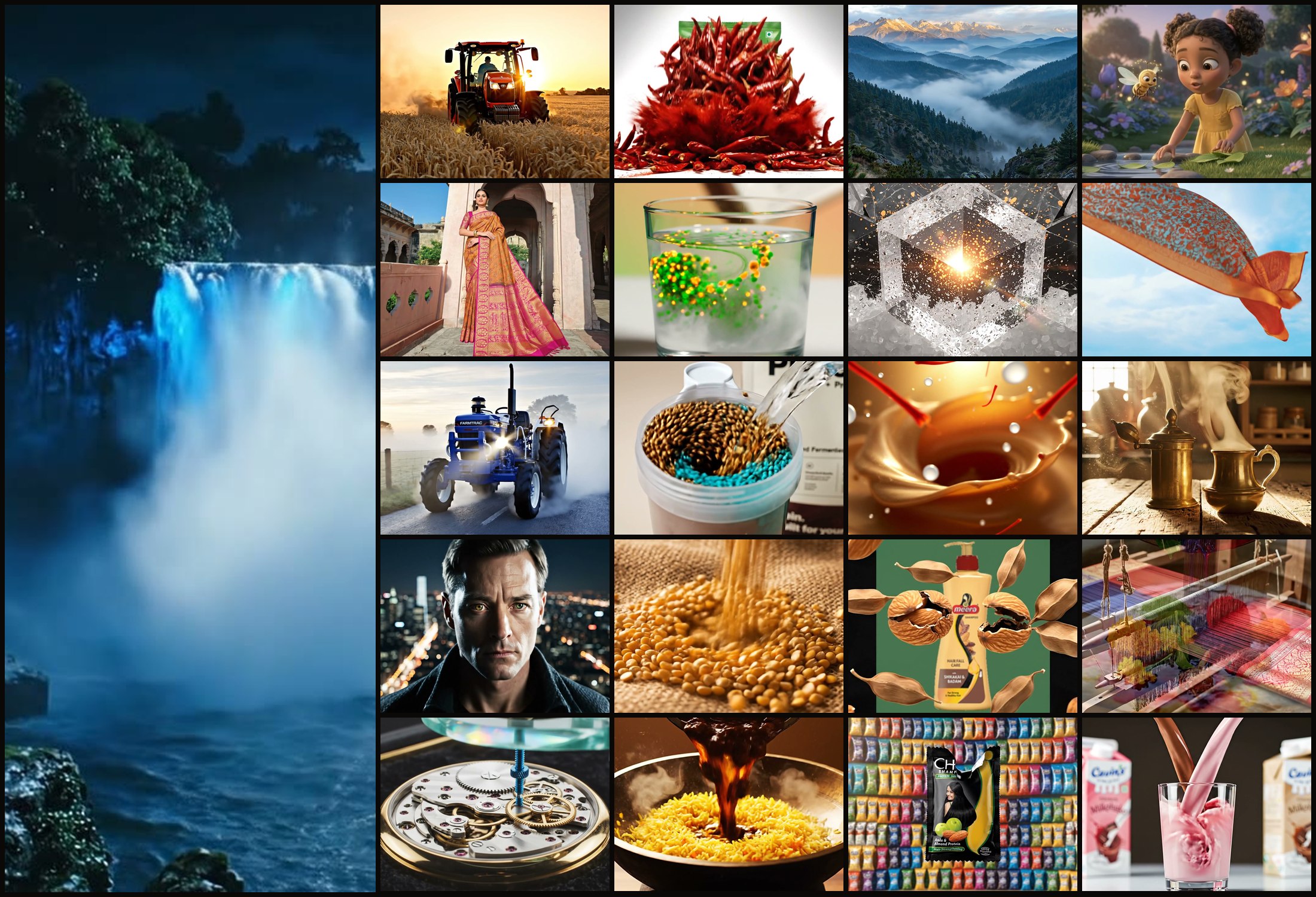 A collage of frames from Double Shot's AI productions — tractors, textiles, food, beauty, animation and cinematic landscapes
